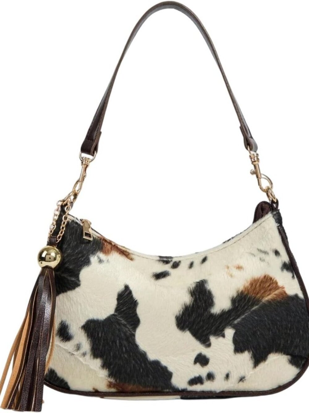 Chic Faux Fur Cow Print Shoulder Bag with Tassel Pendant | Retro Y2K Underarm